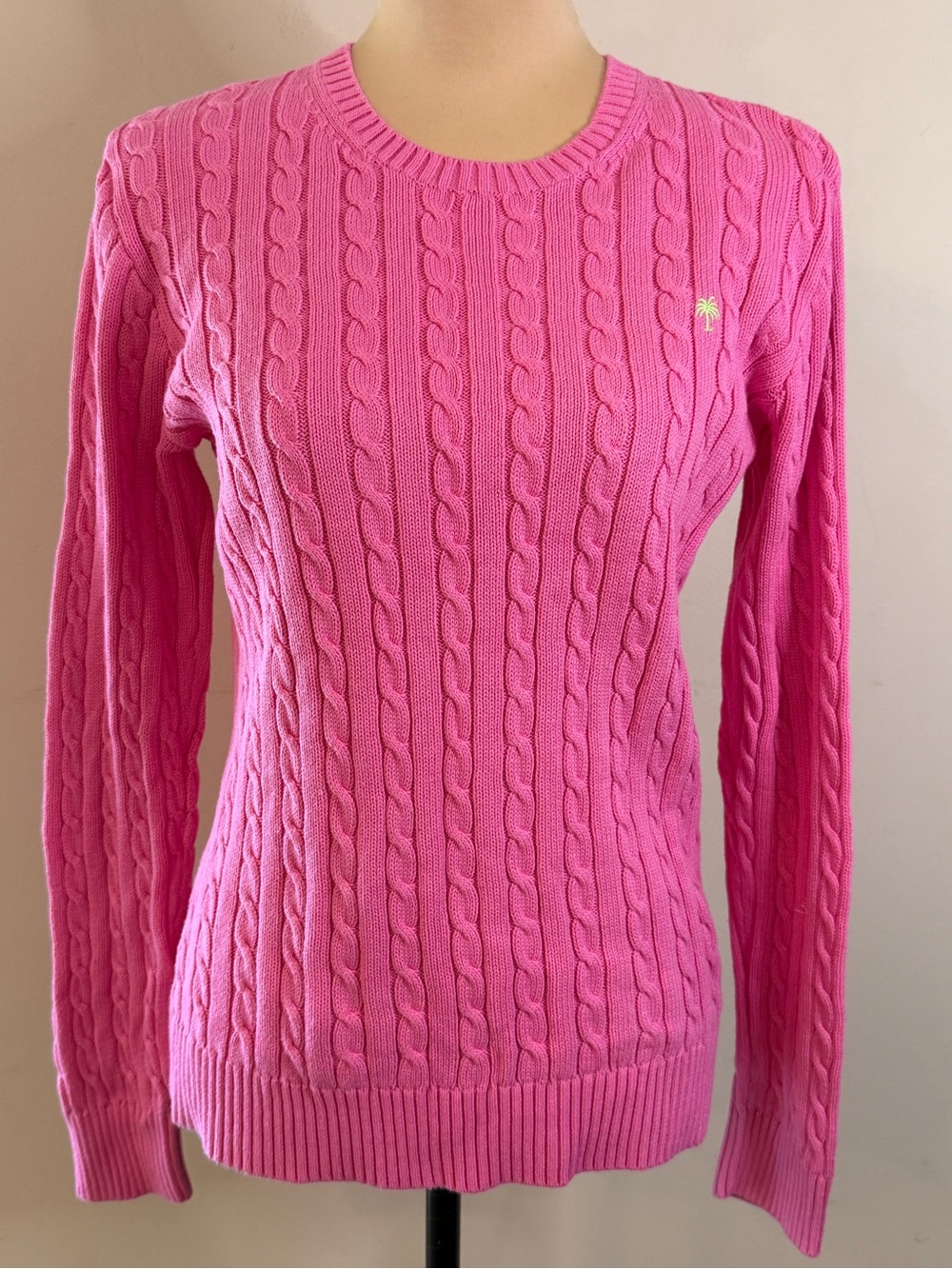 Lilly Pulitzer preppy pink cable knit crew neck cotton sweater SZ LG